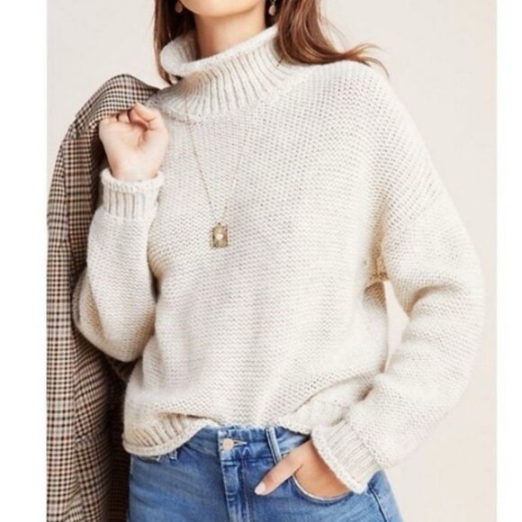 Anthropologie Lottie Textured Mockneck Wool Alpaca Blend Sweater in Cream Size S - Picture 1 of 12